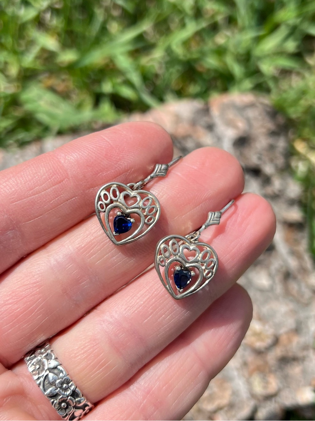 Vintage Sterling & Sapphire Heart Earrings
